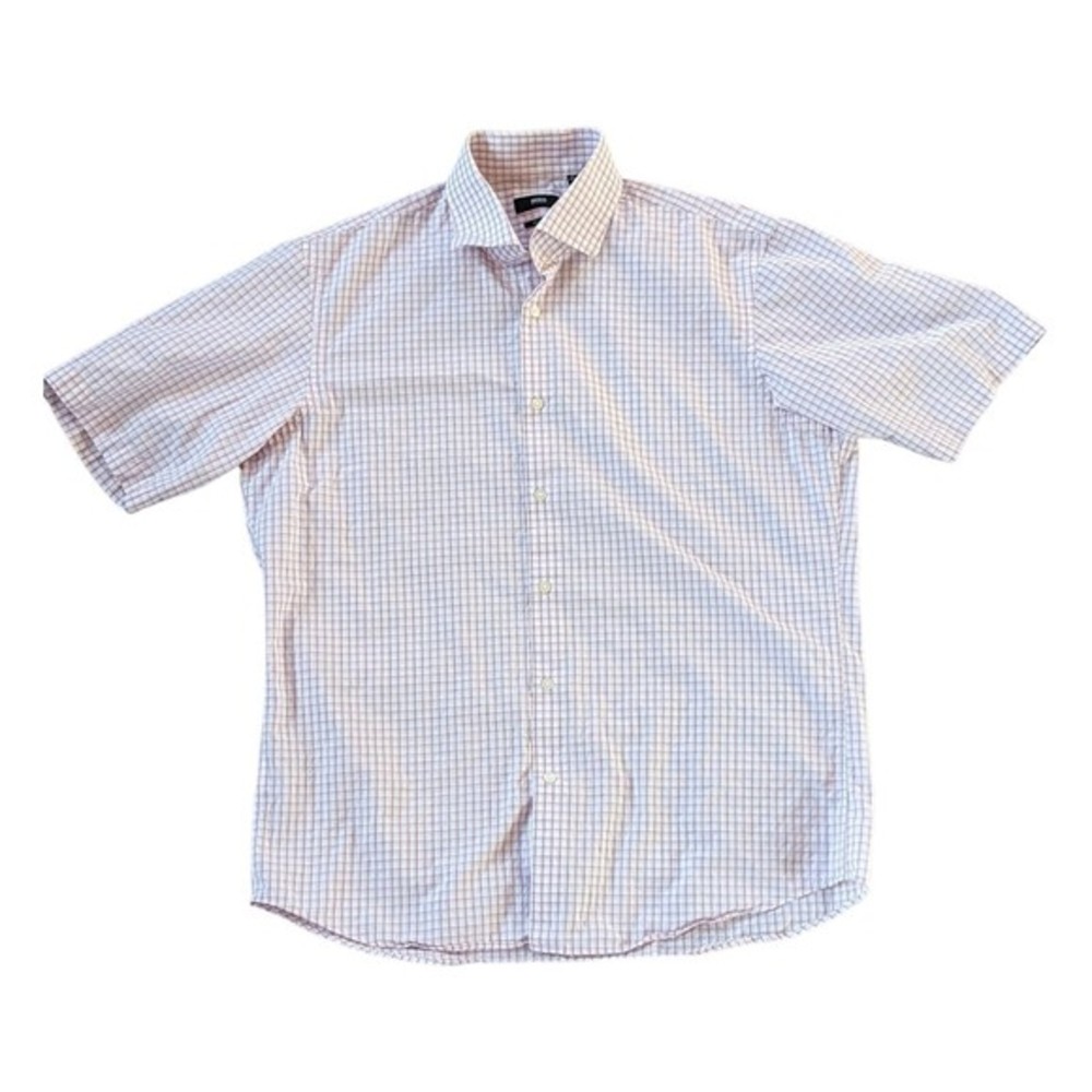 Hugo Boss White Pink Purple Men's Size 16 Short Sleeve Button Checkered‎ Pattern